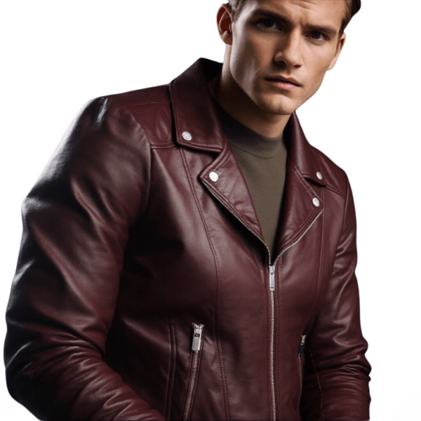 Men’s Burgundy Leather Biker Jacket – Classic & Refined - Image 2