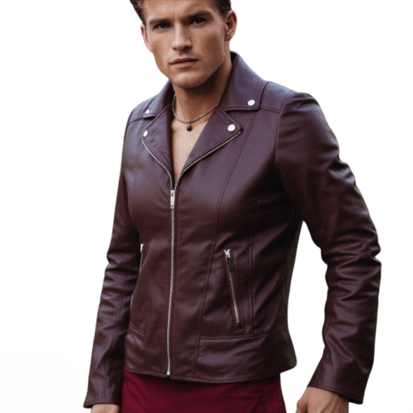 Men’s Burgundy Leather Biker Jacket – Classic & Refined - Image 3