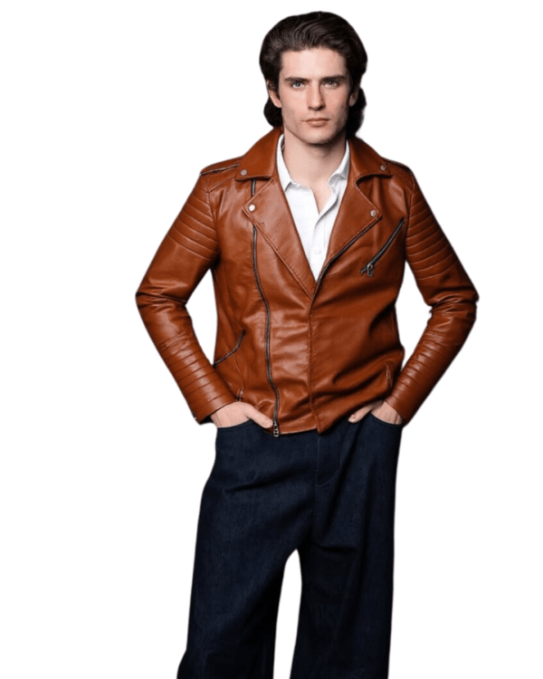 Men’s Tan Brown Leather Biker Jacket – Bold & Edgy - Image 2