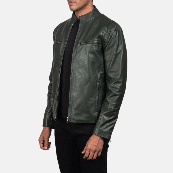 Men’s Ionic Green Leather Biker Jacket - Real Sheepskin, Quilted Lining, Stylish Band Collar - Image 6
