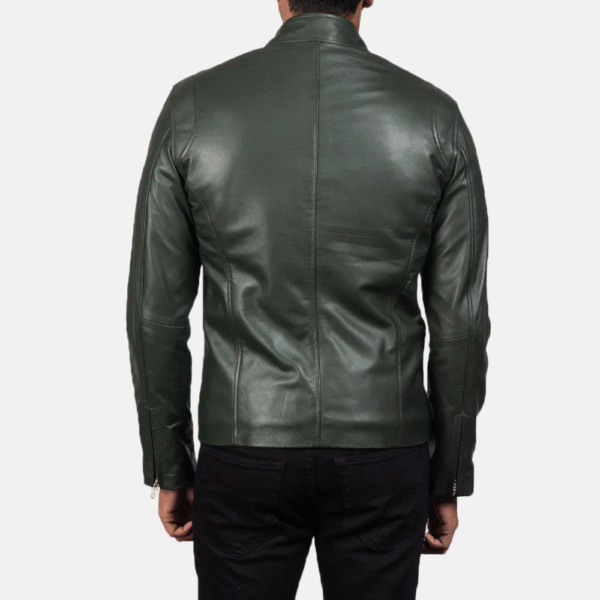 Men’s Ionic Green Leather Biker Jacket - Real Sheepskin, Quilted Lining, Stylish Band Collar - Image 4
