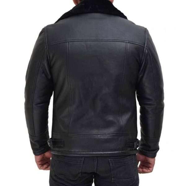 Men’s Black Leather Jacket with Fur Collar - Image 2