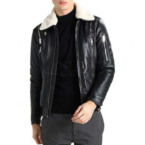 Black Leather Jacket with White Fur Collar - Image 3
