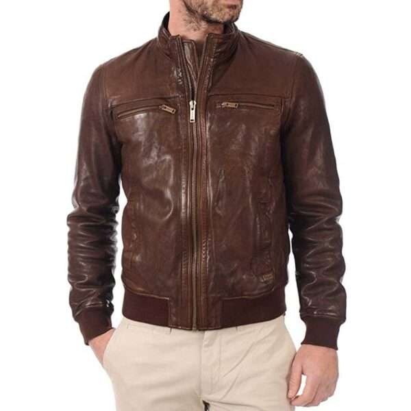 John Hunter Men’s Brown Lambskin Leather Bomber Motorcycle Jacket - Image 2