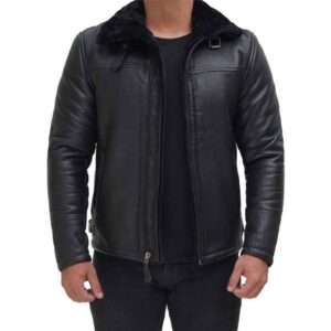 Men’s Black Leather Jacket with Fur Collar