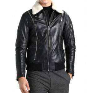 Black Leather Jacket with White Fur Collar