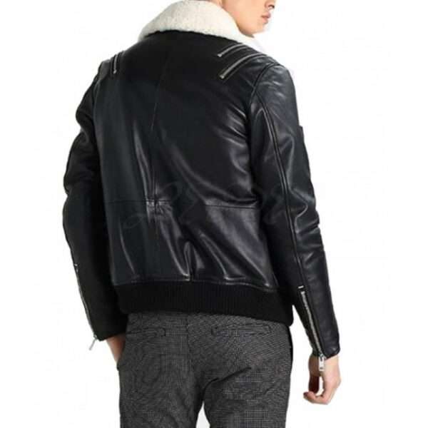 Black Leather Jacket with White Fur Collar - Image 2
