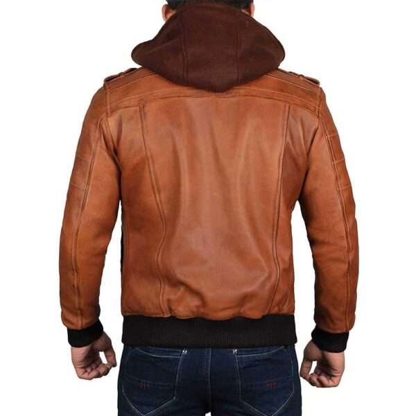 Edinburgh Brown Leather Bomber Jacket With Removable Hood Men - Image 2