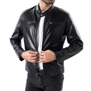 Men's Black Pure Sheepskin Leather Jacket - Classic Zipper Style with Front Pockets