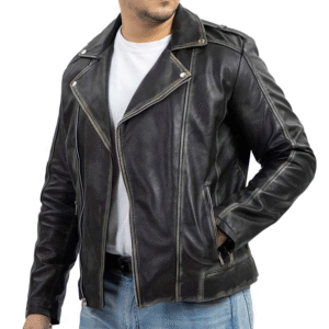 Men’s Black Biker Style Genuine Lambskin Leather Jacket - Vintage Look with Asymmetric Zip & Lapel Collar