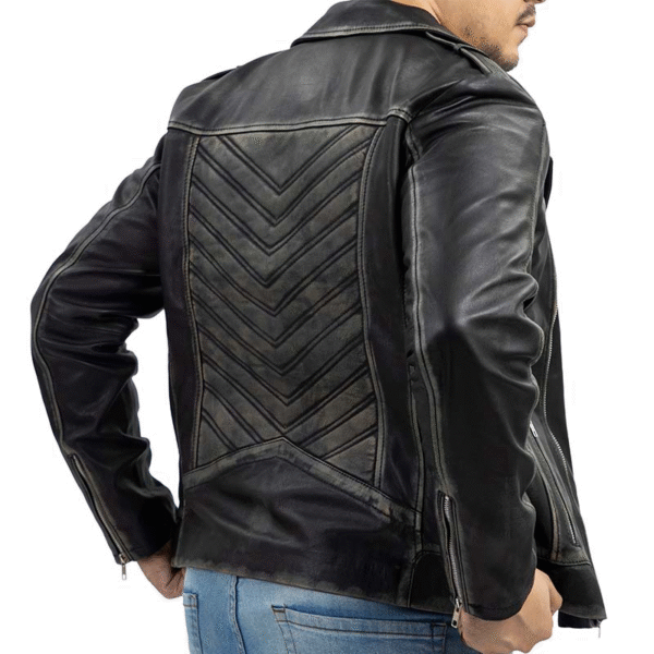 Men’s Black Biker Style Genuine Lambskin Leather Jacket - Vintage Look with Asymmetric Zip & Lapel Collar - Image 4
