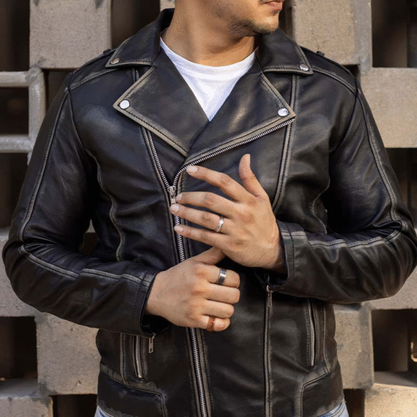 Men’s Black Biker Style Genuine Lambskin Leather Jacket - Vintage Look with Asymmetric Zip & Lapel Collar - Image 3