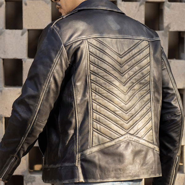 Men’s Black Biker Style Genuine Lambskin Leather Jacket - Vintage Look with Asymmetric Zip & Lapel Collar - Image 2