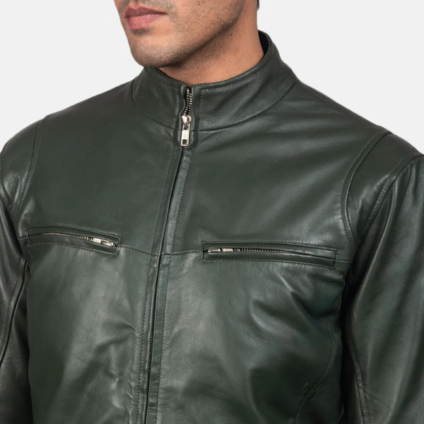 Men’s Ionic Green Leather Biker Jacket - Real Sheepskin, Quilted Lining, Stylish Band Collar - Image 3