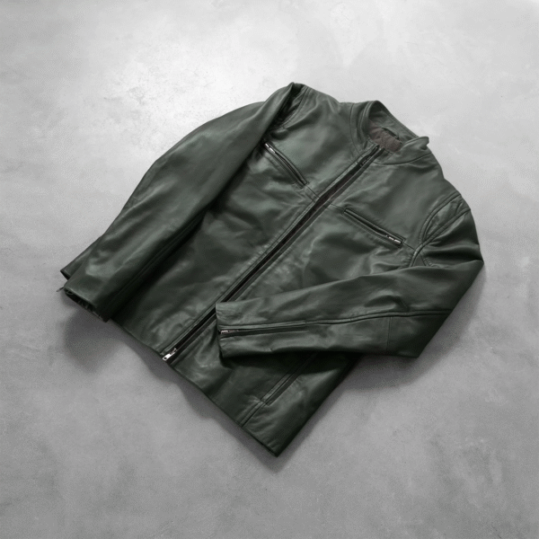 Men’s Ionic Green Leather Biker Jacket - Real Sheepskin, Quilted Lining, Stylish Band Collar - Image 2