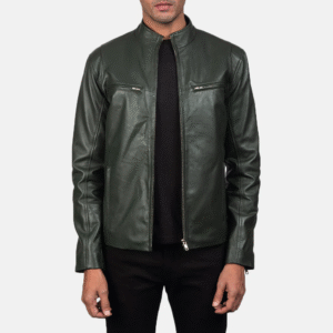 Men’s Ionic Green Leather Biker Jacket - Real Sheepskin, Quilted Lining, Stylish Band Collar