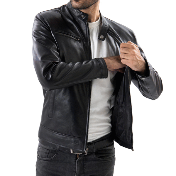 Men's Black Pure Sheepskin Leather Jacket - Classic Zipper Style with Front Pockets - Image 4