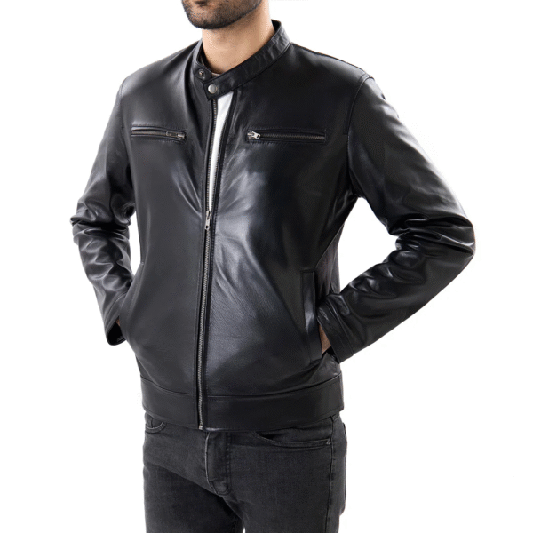 Men's Black Pure Sheepskin Leather Jacket - Classic Zipper Style with Front Pockets - Image 3