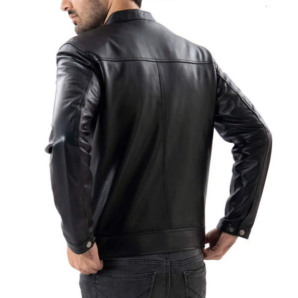 Men's Black Pure Sheepskin Leather Jacket - Classic Zipper Style with Front Pockets - Image 2