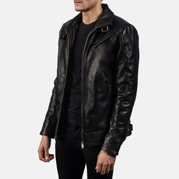Men’s Legacy Black Leather Biker Jacket – Real Cowhide, High Neck with Belt, Quilted Inner Lining - Image 5