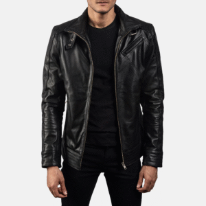 Men’s Legacy Black Leather Biker Jacket – Real Cowhide, High Neck with Belt, Quilted Inner Lining