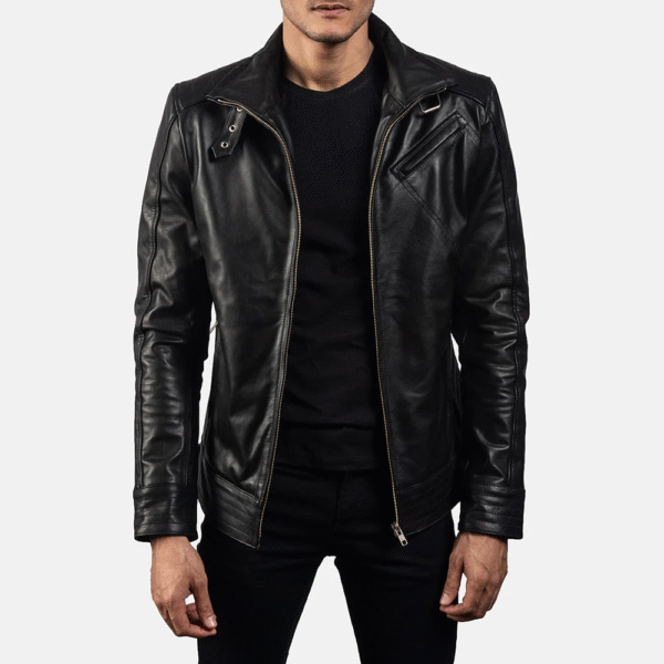 Men’s Legacy Black Leather Biker Jacket – Real Cowhide, High Neck with Belt, Quilted Inner Lining