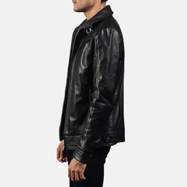 Men’s Legacy Black Leather Biker Jacket – Real Cowhide, High Neck with Belt, Quilted Inner Lining - Image 2