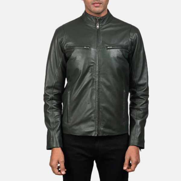 Men’s Ionic Green Leather Biker Jacket - Real Sheepskin, Quilted Lining, Stylish Band Collar - Image 5