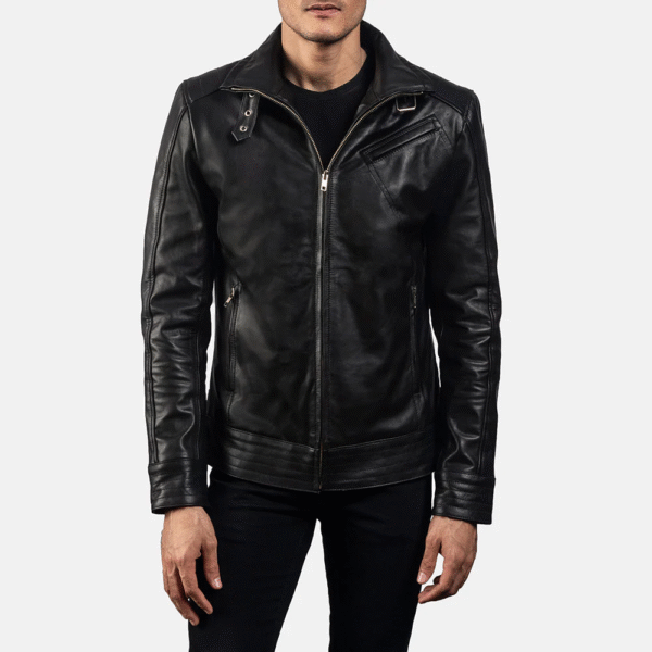 Men’s Legacy Black Leather Biker Jacket – Real Cowhide, High Neck with Belt, Quilted Inner Lining - Image 4